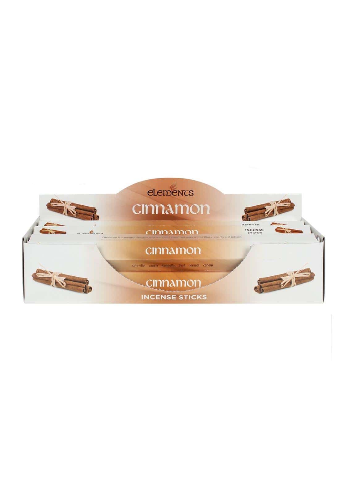 A box of elements cinnamon incense sticks with warm beige and white design and bundled cinnamon images