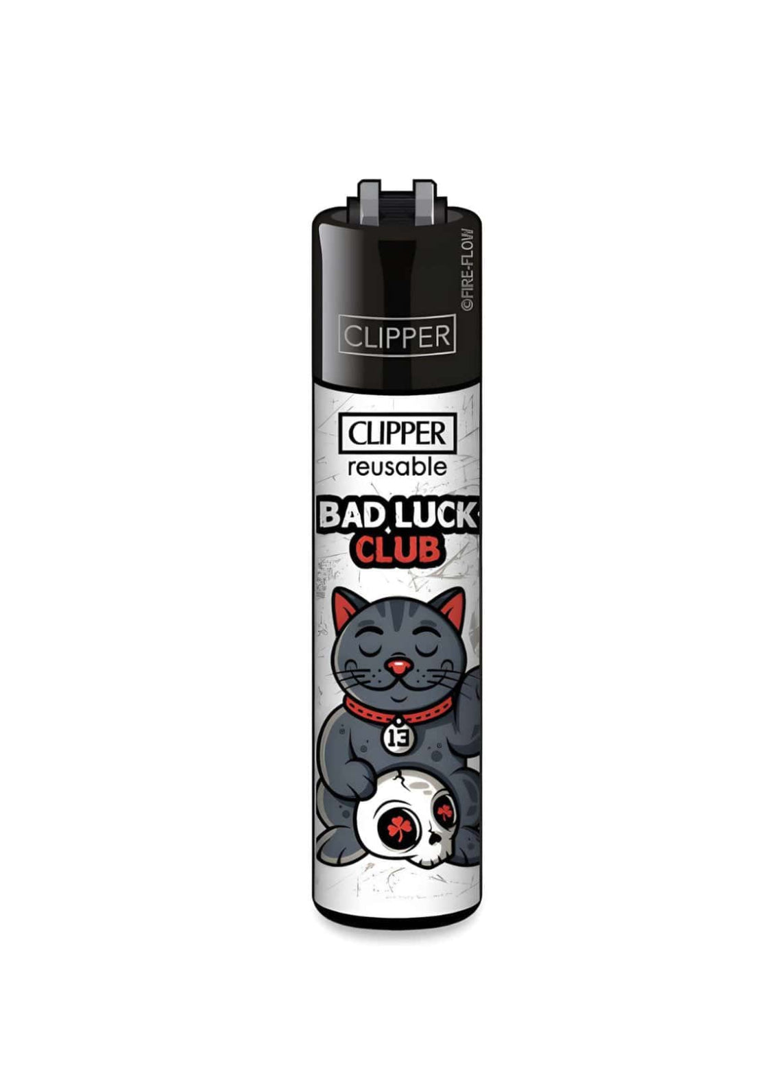 Schwarz-weißes clipper feuerzeug im klassischen clipper format mit horror design, graue katze mit roten ohren und schädel