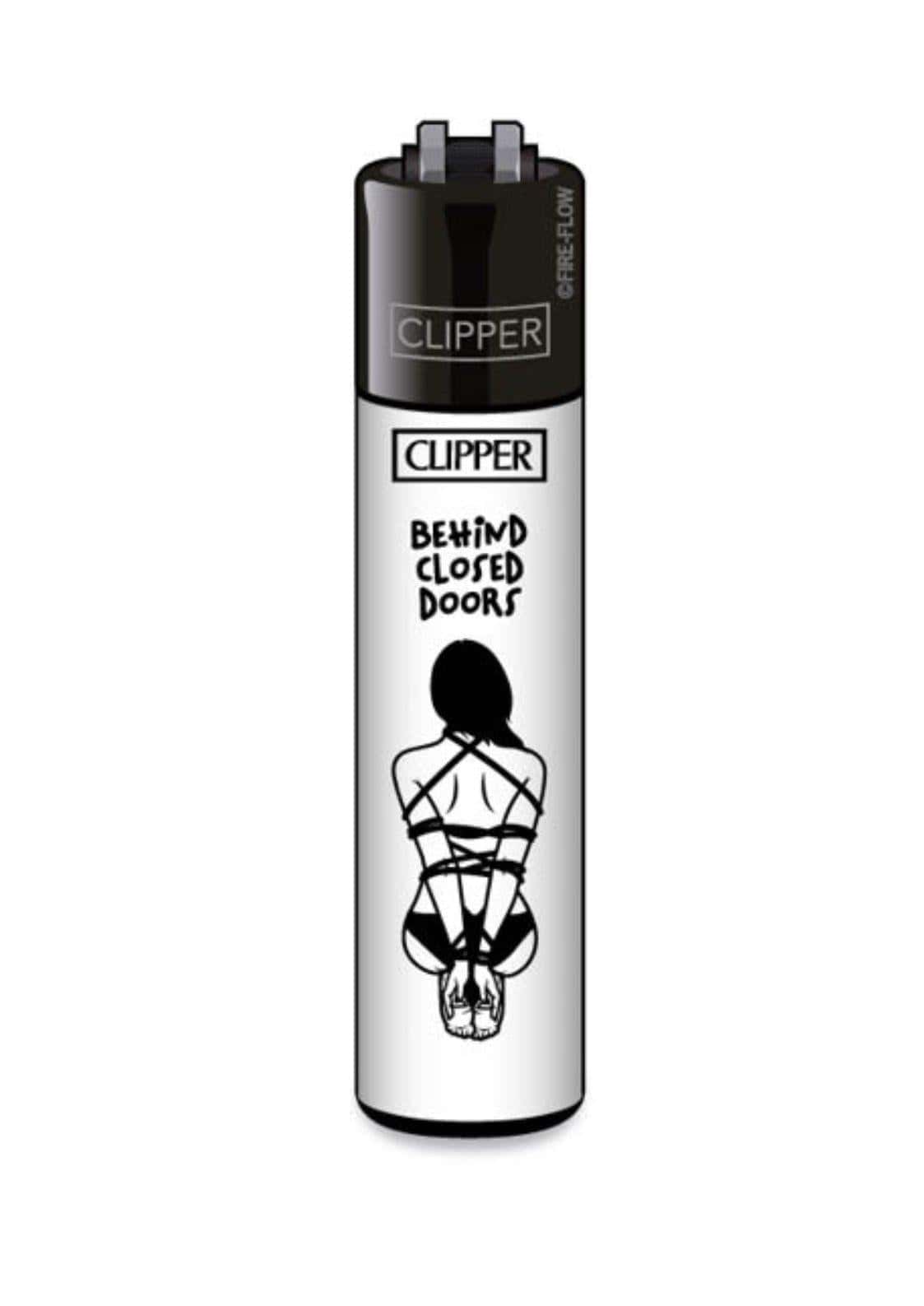 Black and silver clipper feuerzeug behind closed doors mit grafik einer gefesselten frau auf der rückseite in kinky styles
