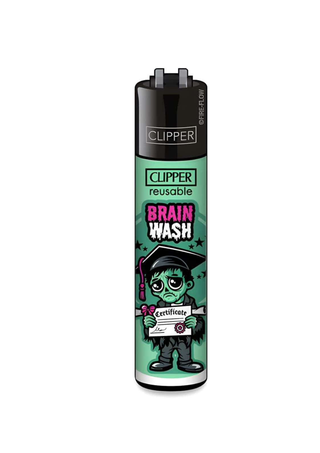 Grünes und schwarzes originales clipper feuerzeug brain wash mit cartoon zombie abschlussmotiv und zertifikat