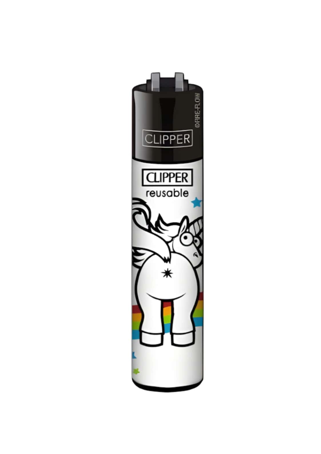 Weißes original clipper feuerzeug mit wiederverwendbarem butthole unicorn design in schwarz-weiß und regenbogenstreifen