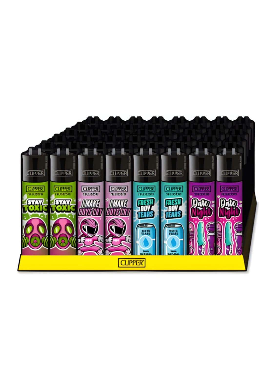 Vibrante clipper feuerzeuge mit bunten designs und spielerischen grafiken ideal für gothic und horror kleidung