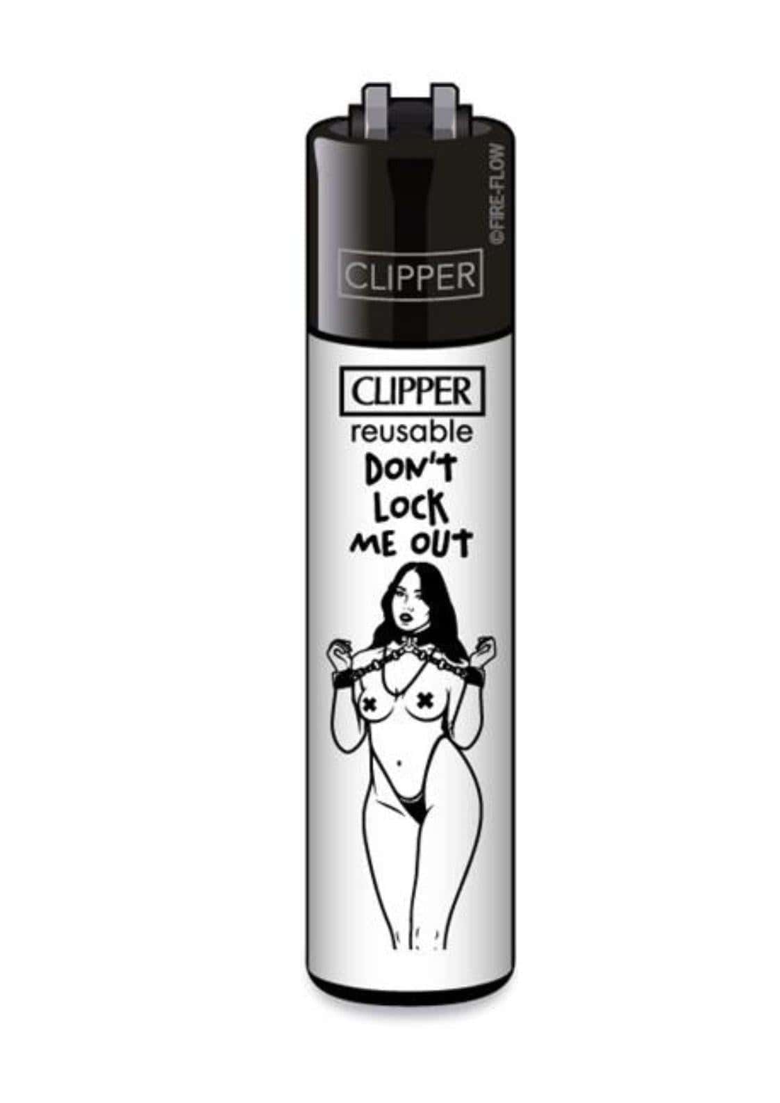 Schwarzes und silbernes clipper lighter mit auffälliger schwarz-weißer illustration einer frau mit ketten don´t lock me out design