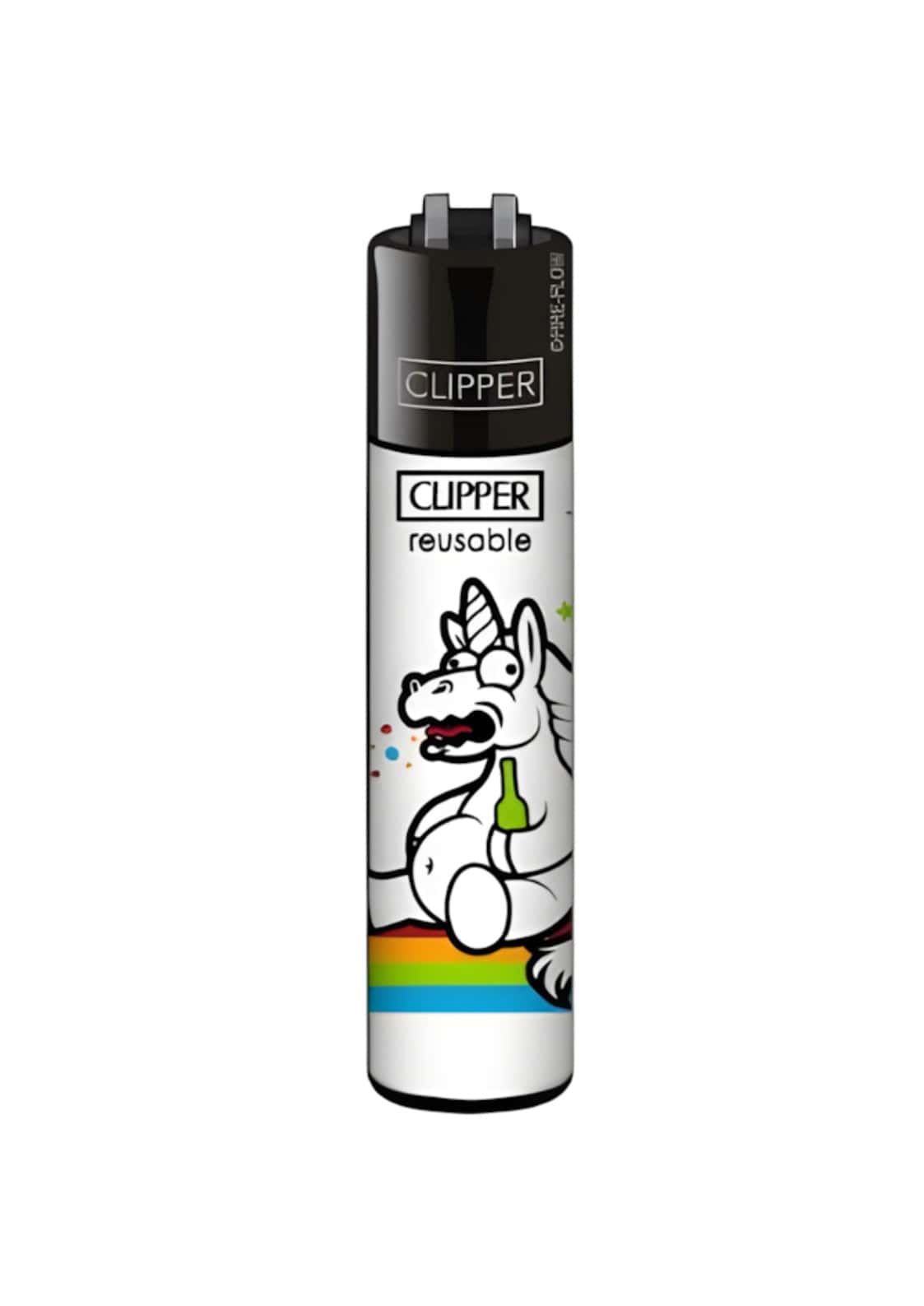 Weiß-schwarzes nachfüllbares clipper feuerzeug drunk unicorn mit cartoon-einhorn und regenbogenstreifen am boden