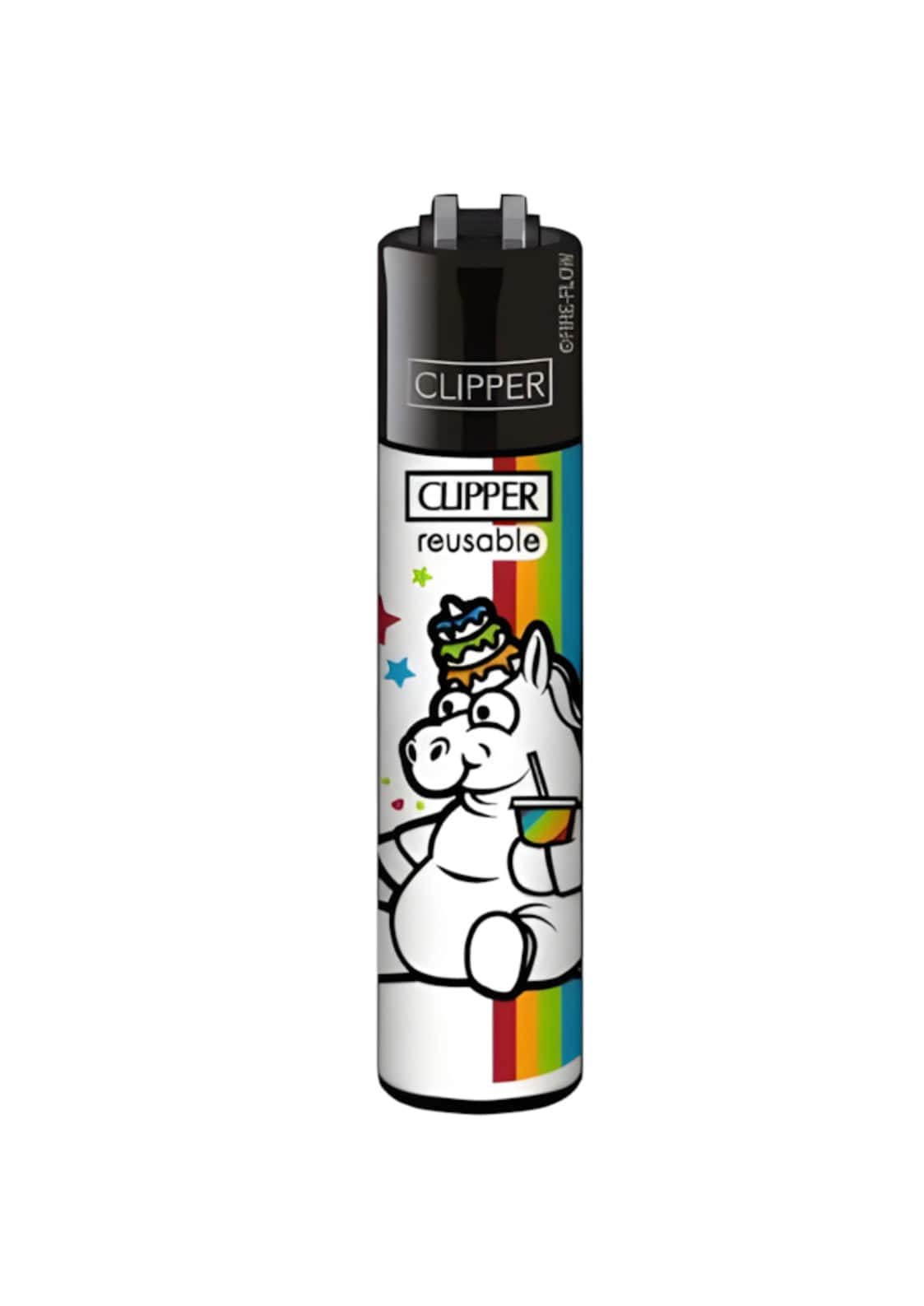 Weißes clipper feuerzeug eat unicorn mit unicorn cartoon und regenbogen motiv auf originalem clipper feuerzeug