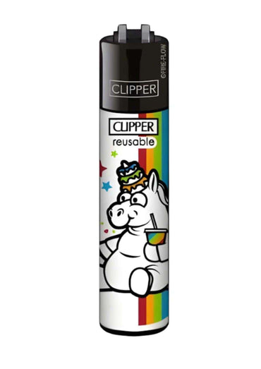 Weißes originales clipper feuerzeug eat unicorn mit cartoon einhorn und regenbogenstreifen nachfüllbar
