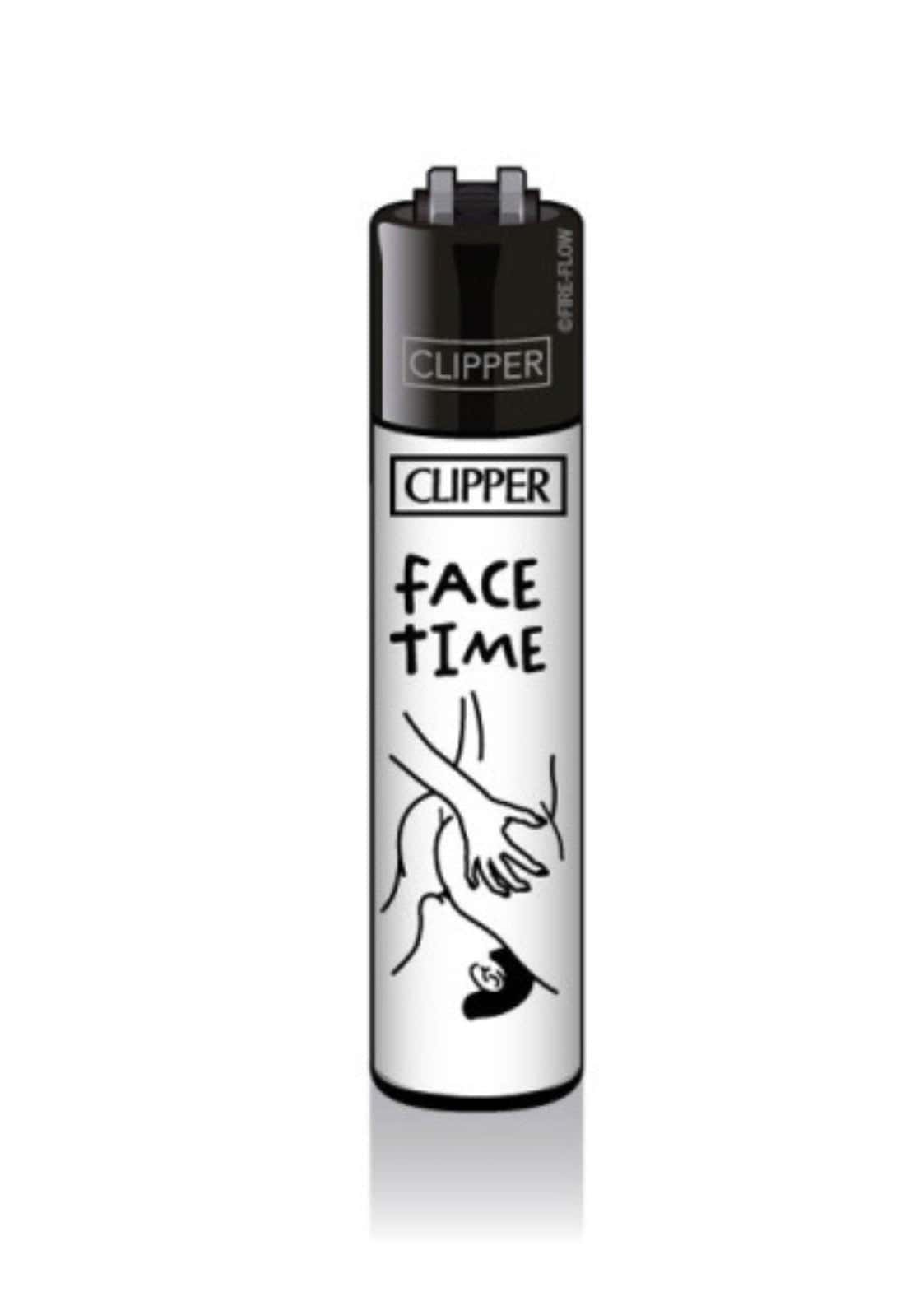Ein silber schwarzes clipper feuerzeug face time mit minimalistischen handgezeichneten illustrationen und zuverlässiger kippflamme