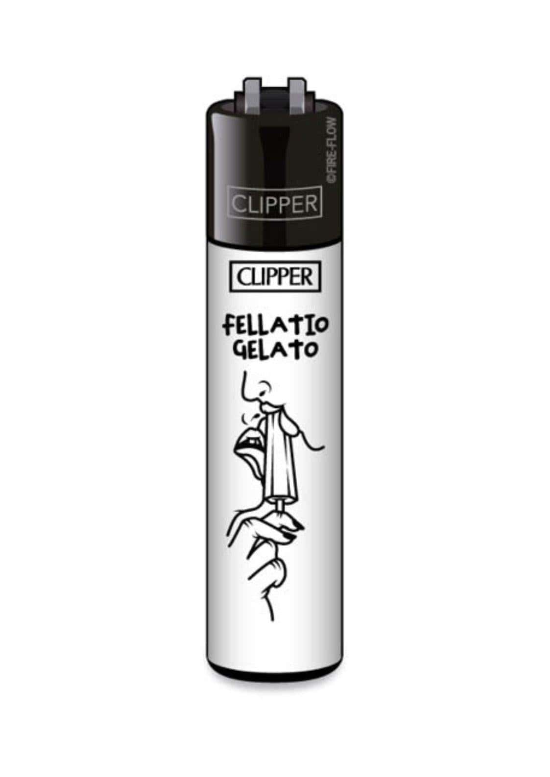 Ein silbernes nachfüllbares clipper feuerzeug fellatio mit schwarzem ober- und unterteil und fellatio gelato grafik