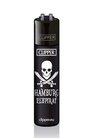 Schwarzes clipper feuerzeug mit weißem schädel und kreuzknochen design und text hamburg elbpirat für gothic kleidung
