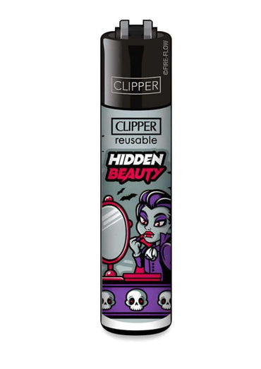 Schwarzes und lila clipper feuerzeug hidden beauty mit cartoon-vampir und vanity mirror design für dark art fans