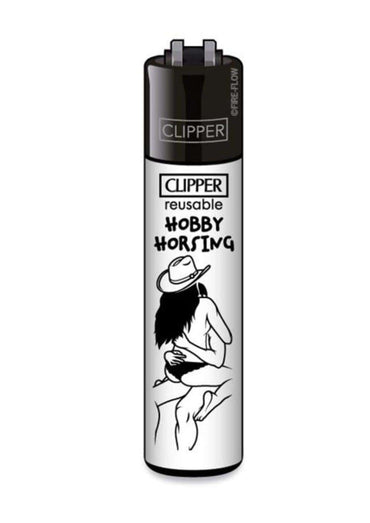 Schwarzer und silberner clipper feuerzeug hobby horsing mit nachfüllbarem leichter und frau in hut illustration
