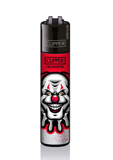 Roter und schwarzer clipper nachfüllbares feuerzeug mit horror clown grafik und roten akzenten für gothic kleidung
