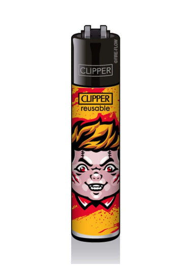 Horror puppe clipper feuerzeug nachfüllbar mit dunklem fashion design und feuriger gothic figur auf gelb-rotem hintergrund