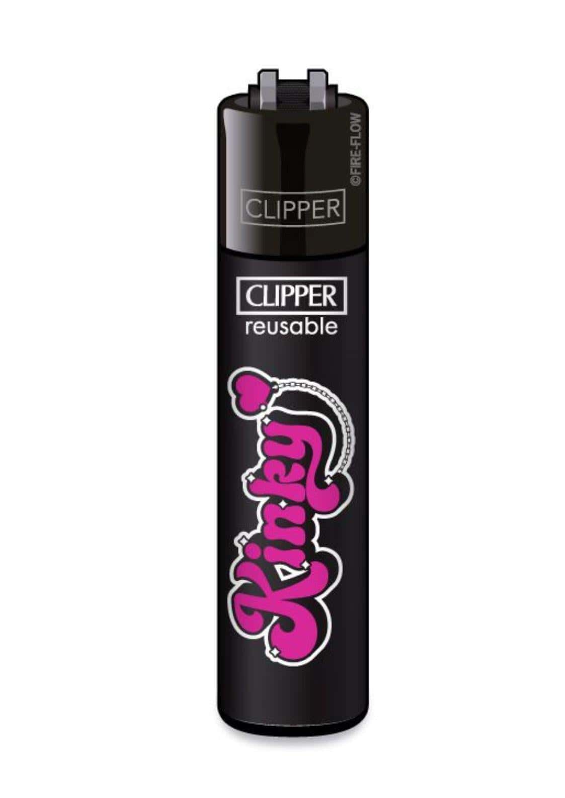 Schwarzes clipper feuerzeug nachfüllbar mit pinker kinky graffiti schrift und herzförmigem anhänger, replaceable flint