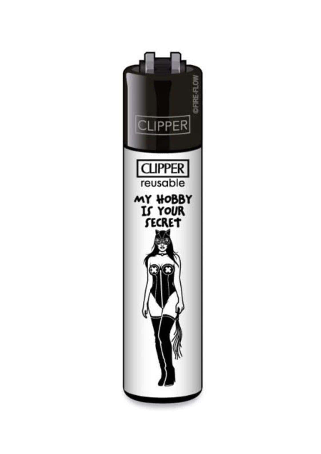 Schwarzes und silbernes nachfüllbares clipper feuerzeug my hobby mit stilisierter catwoman und text my hobby is your secret