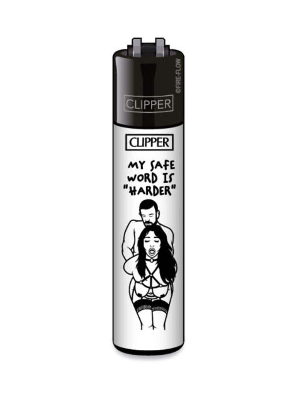 Silbernes und schwarzes clipper feuerzeug mit provokantem my safe word is harder design und illustration zweier figuren