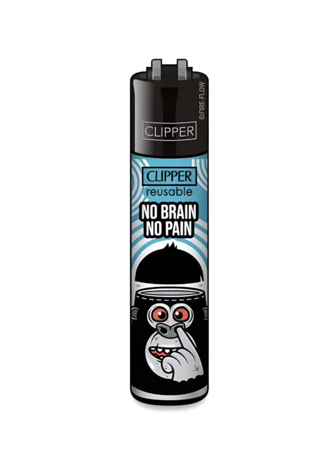 Schwarzes und silbernes original clipper feuerzeug mit cartoon gorilla und no brain no pain aufdruck für gothic szene