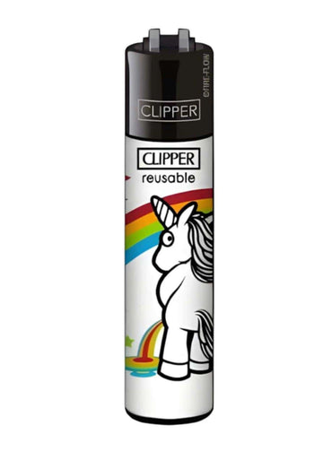 Weißes nachfüllbares clipper feuerzeug mit pissed unicorn cartoon und regenbogen in langlebiger clipper-qualität