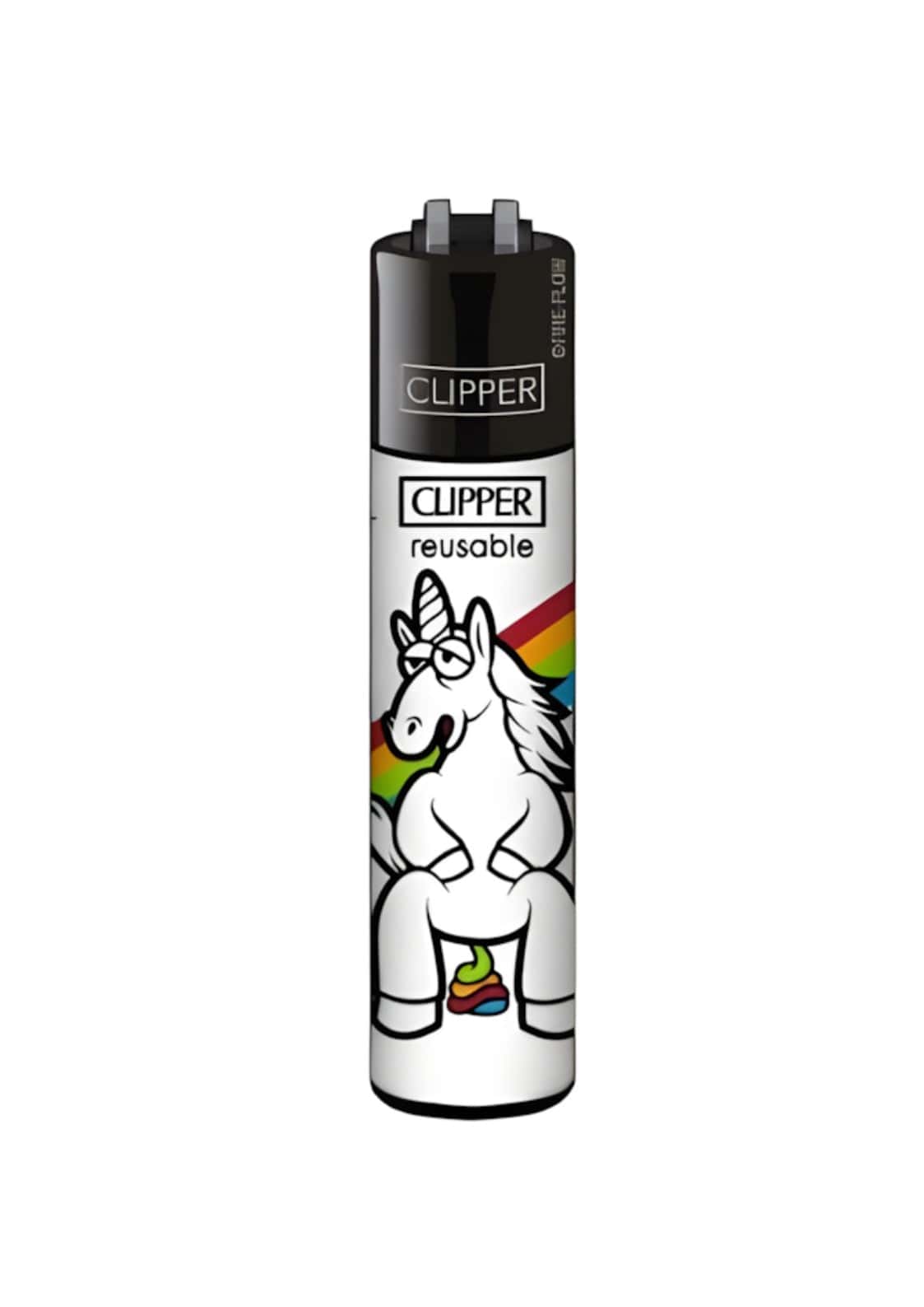 Weisses clipper feuerzeug mit lustigem einhorn-design shit unicorn und original clipper qualität