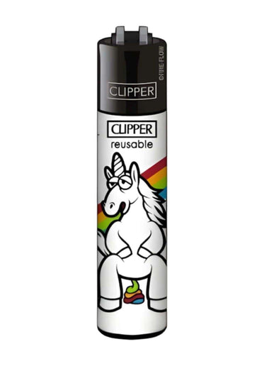 Schwarz weißes clipper feuerzeug shit unicorn mit lustigem einhorn design und original clipper qualität