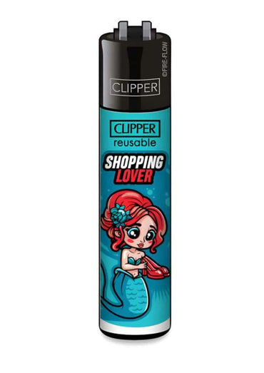 Originales clipper feuerzeug shopping lover mit teal und schwarz sowie cartoon meerjungfrau und ozeanhintergrund