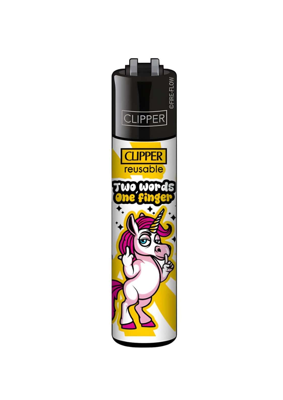 Clipper feuerzeug mit neigbarer flamme und pinkem einhorn in schwarz-weiß für das feuerzeug two words design