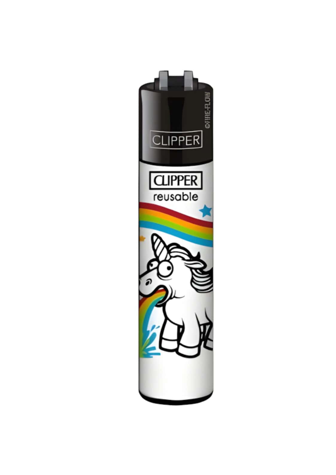 Weißes clipper feuerzeug vomit unicorn mit einhorn cartoon und regenbogenfarbigem gas in original clipper qualität