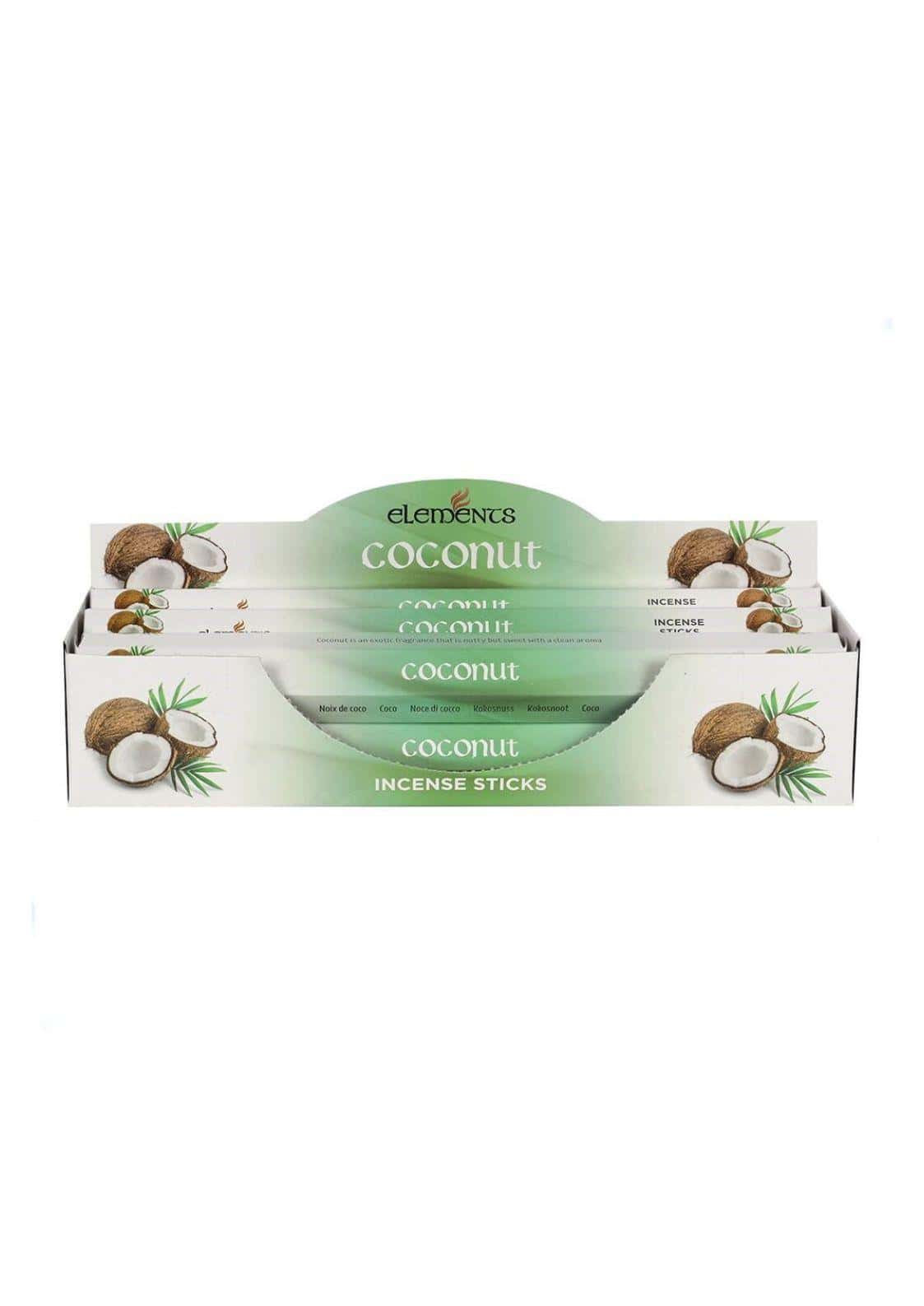Coconut incense sticks in a white and green elements branded display box for fragrant räucherstäbchen