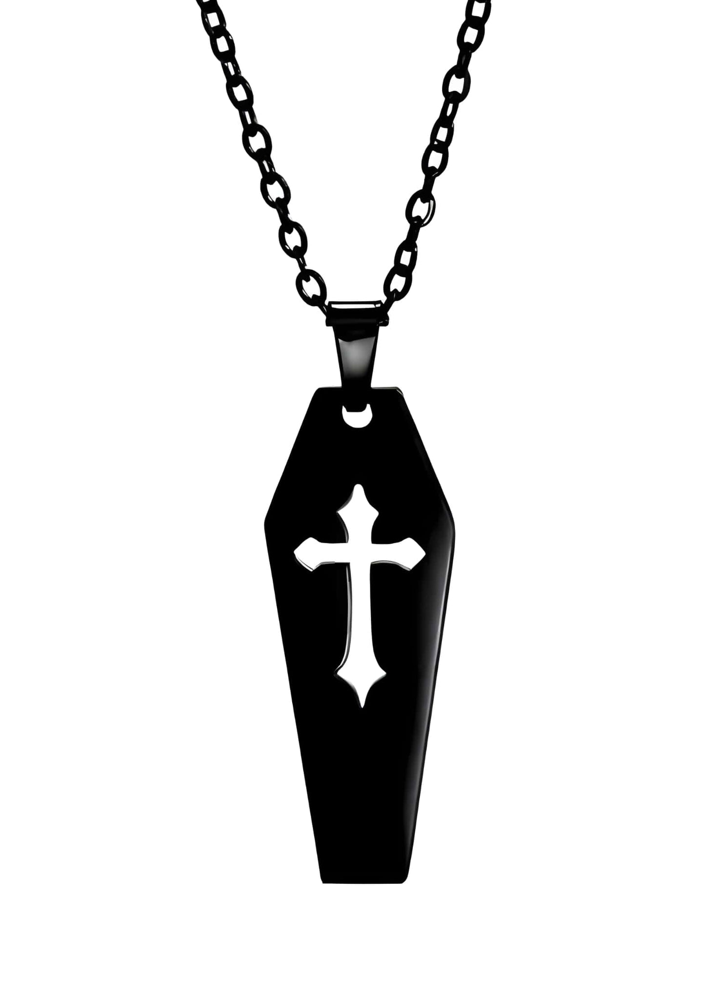 Schwarze coffin halskette mit weißem kreuz, gothic schmuck im horror stil