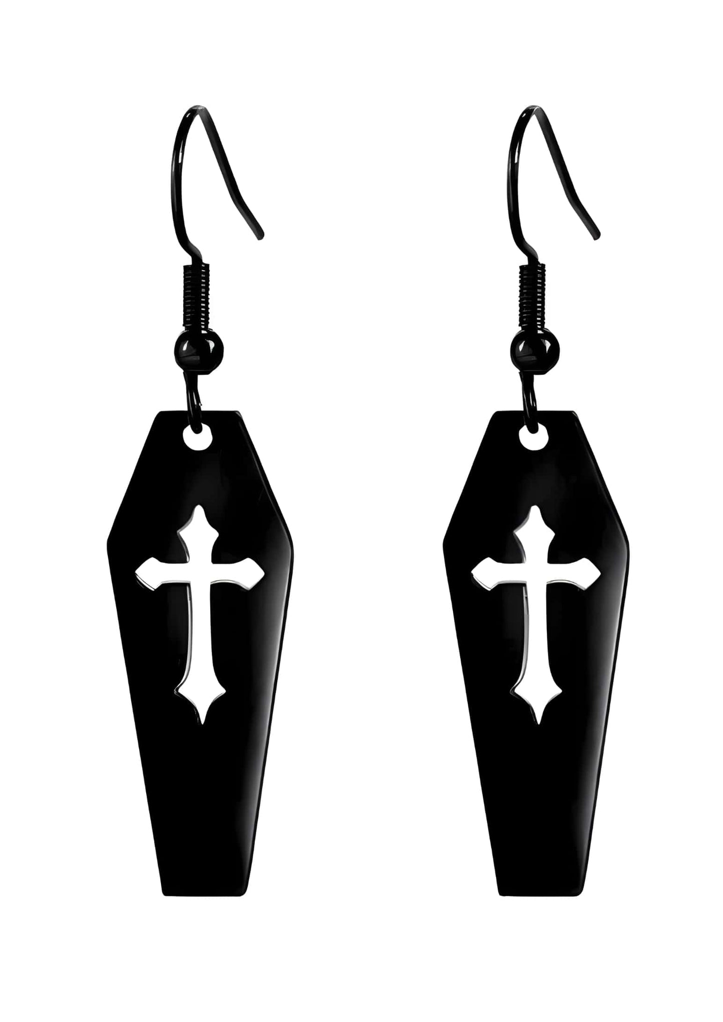 Schwarze coffin black ohrringe in sargform mit weißem kreuz im gothic und horror stil
