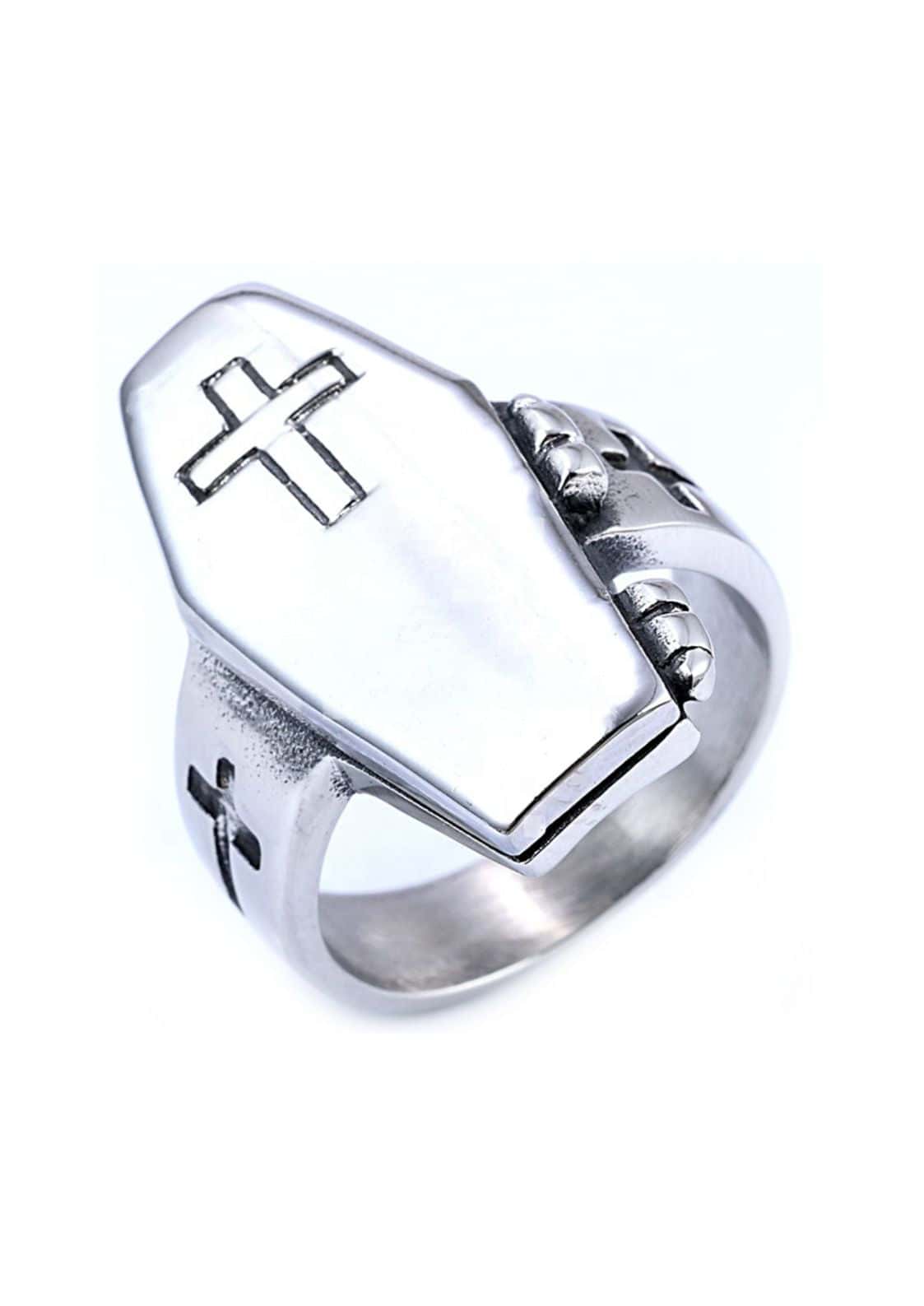 Silver cross ring coffin closed mit scharnierdesign und strukturierter oberfläche im gothic horror stil