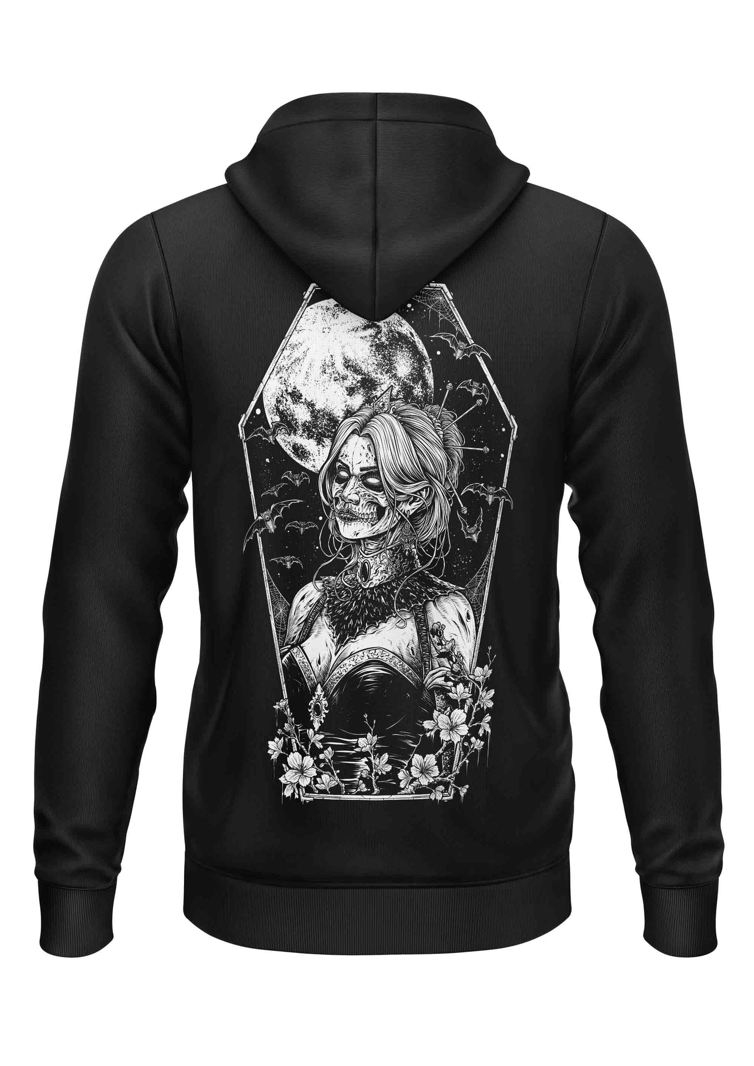 Schwarzer Kapuzenpulli mit Reißverschluss, Totenkopfmuster und Blumenakzenten.