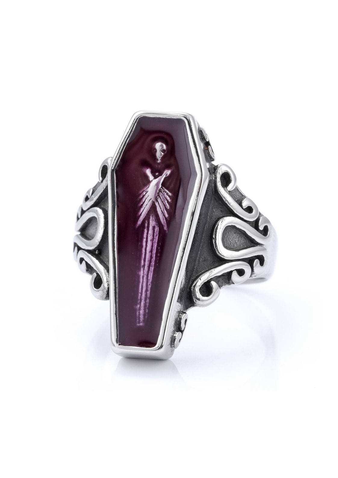 Silberner Sarg-Ring mit violettem Edelstein und aufwendigem Ornament-Design.