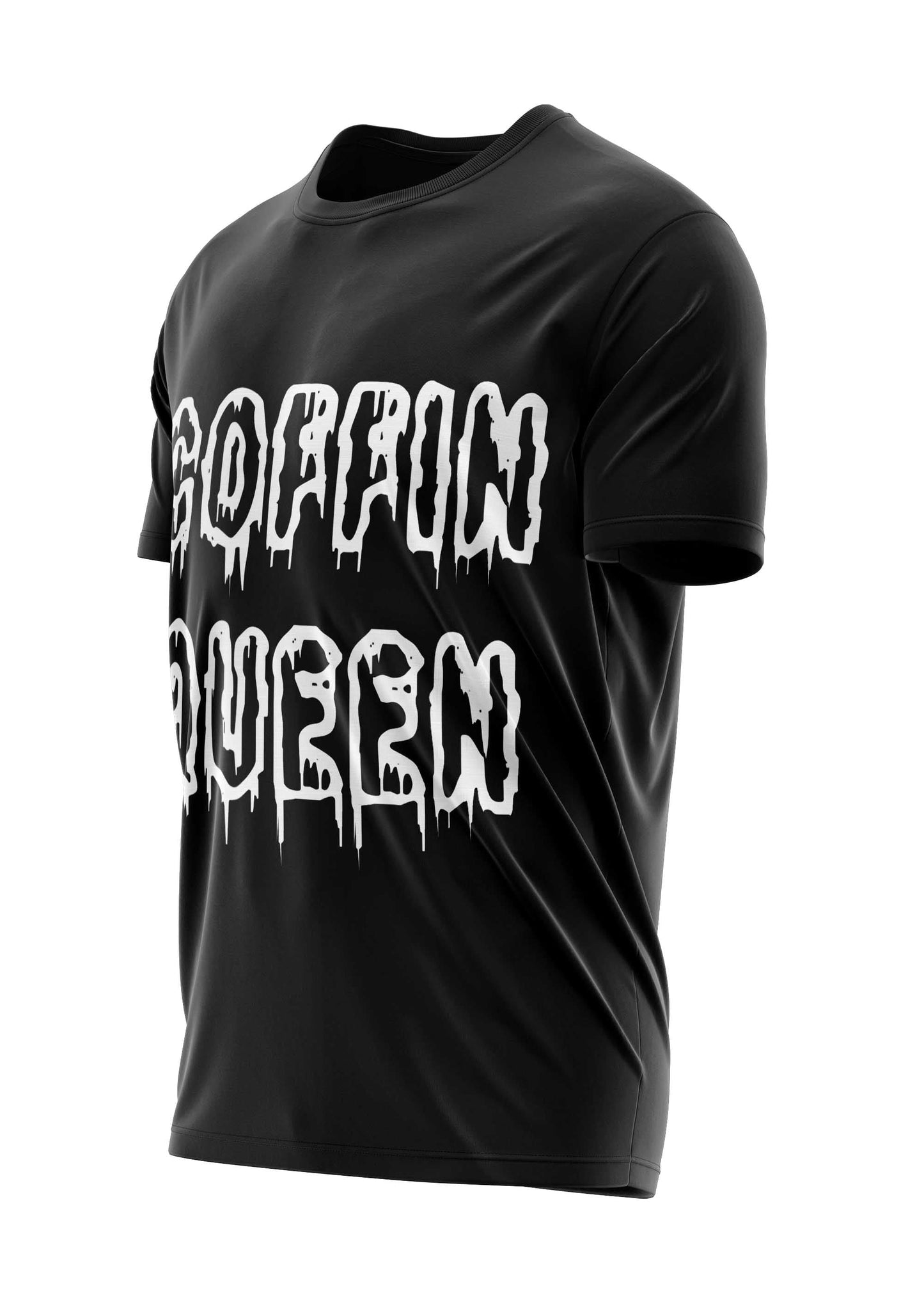 Schwarzes kurzärmeliges T-Shirt mit fetter weißer ’Sargkönigin’-Text in einer tropfenden, gotischen Schriftart.
