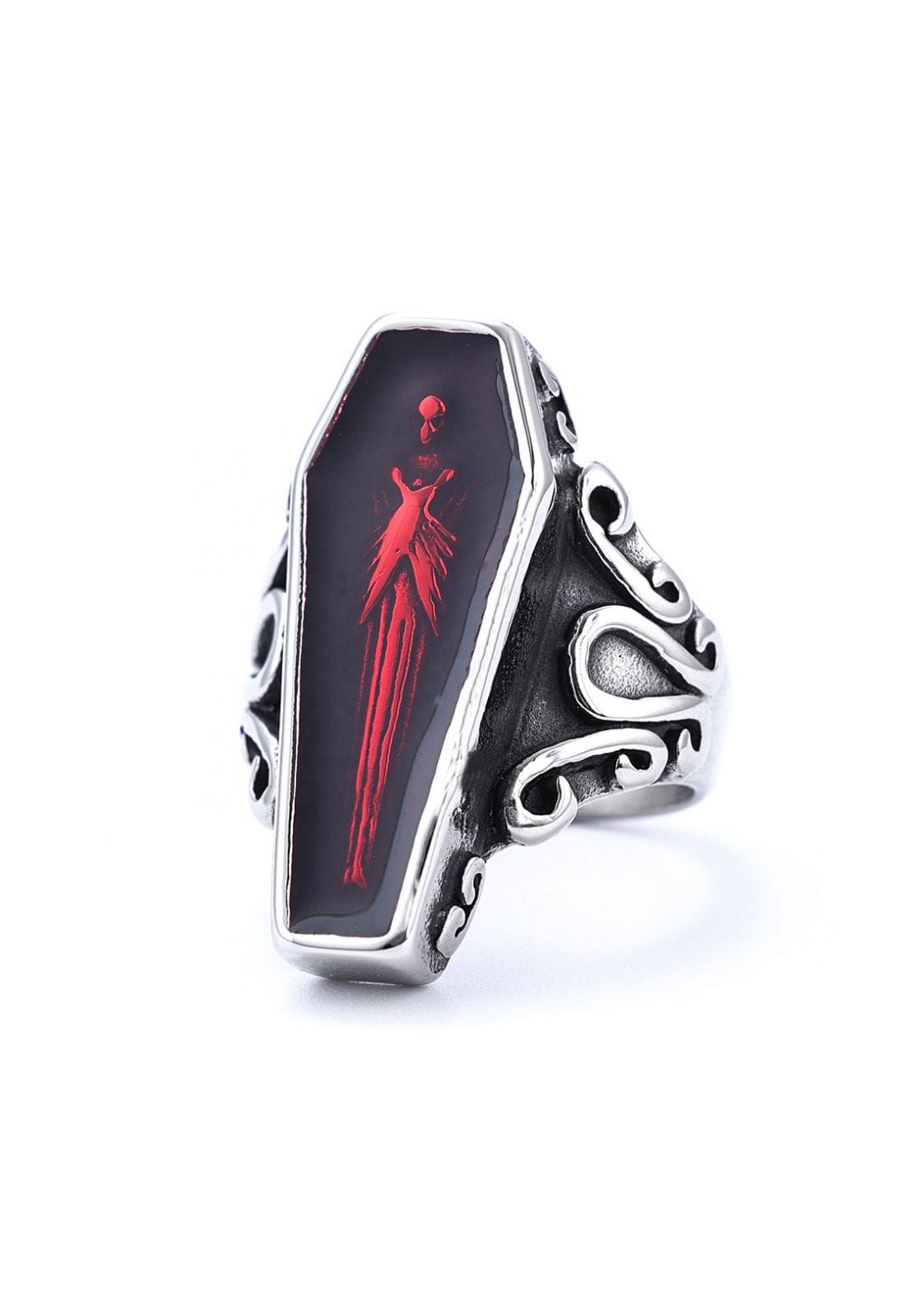 Gotischer Sarg-Ring mit rotem Skelett-Design, schwarzem Hintergrund und silbernem Metallrahmen.
