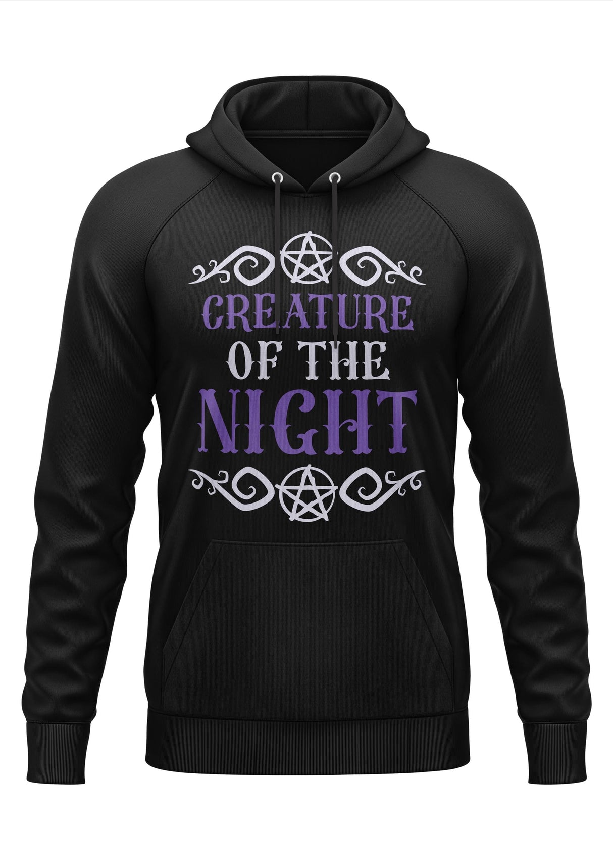 Schwarzer Gothic-Hoodie Creature of the Night mit lila-weißen Pentagrammen