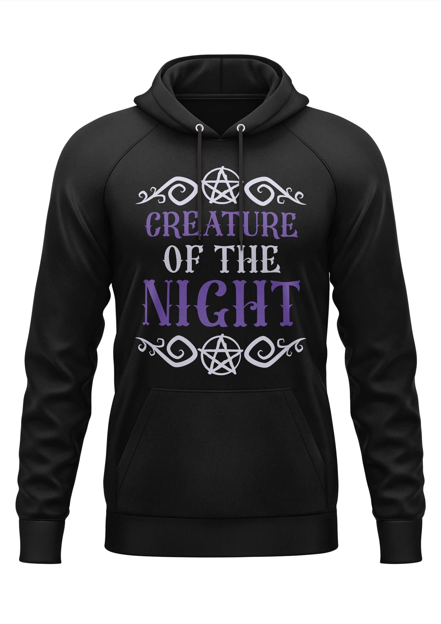 Schwarzer hoodie mit bitte creature of the night print in lila und weiß, verziert mit gotischen pentagrammen und mustern