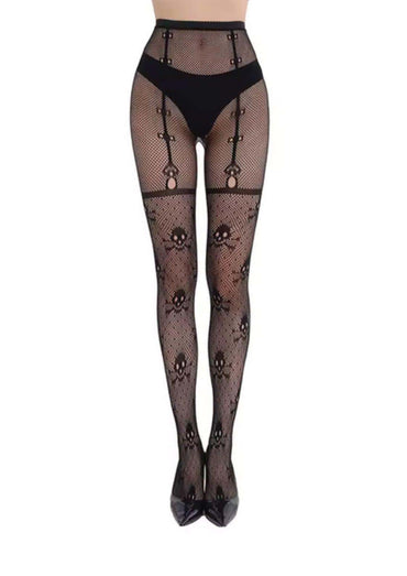 Schwarze fischnetzstrümpfe crossed bones netzstrumpfhose mit gotischem stil und geometrischem cutout aus kleinen schädeln und kettenmustern