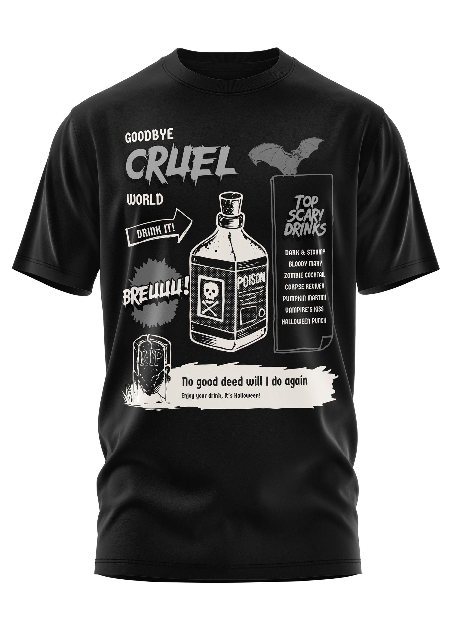 Schwarzes Kurzarm-T-Shirt mit einem gruseligen Halloween-Grafikdruck.