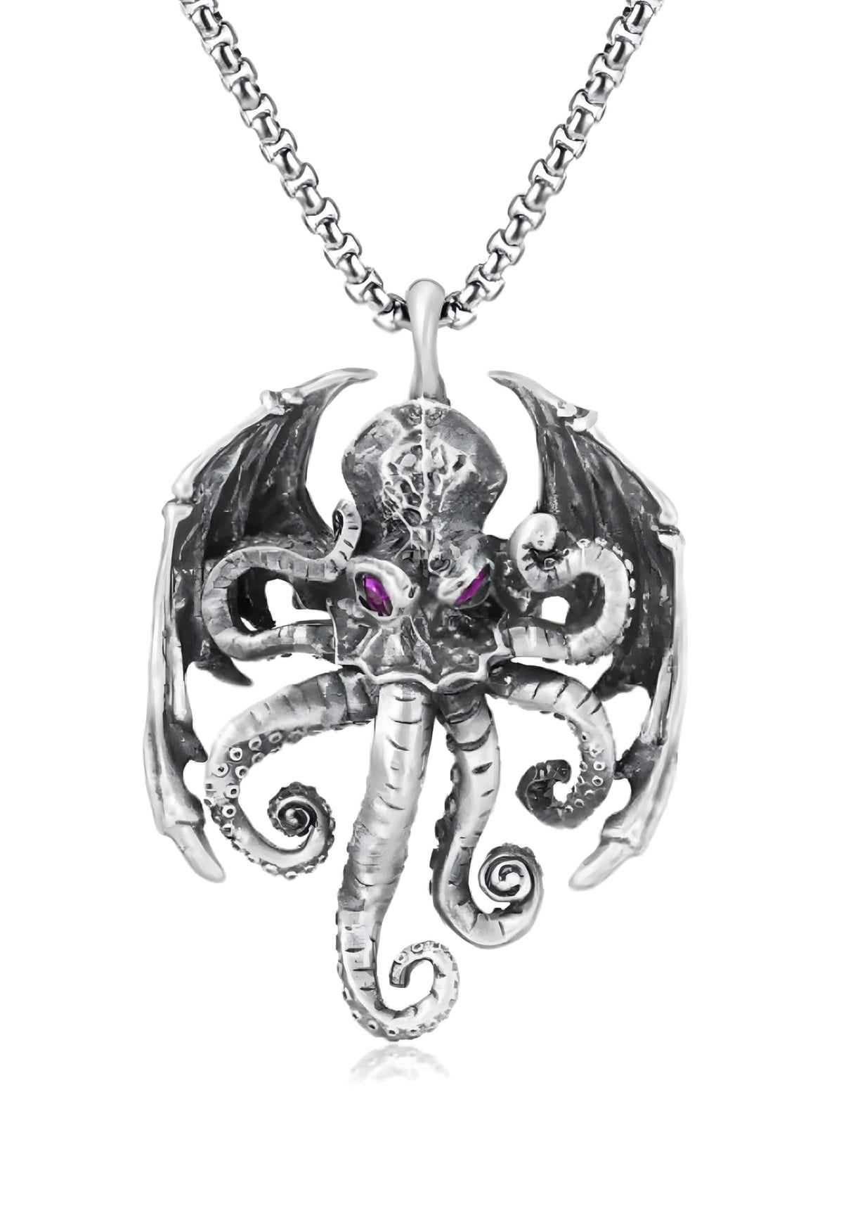 Silberne Oktopus-Anhänger-Halskette mit lila Augen und aufwendigem Design.