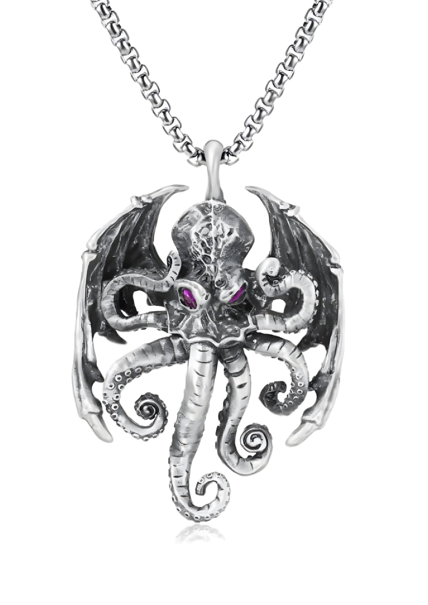 Silberne Oktopus-Anhänger-Halskette mit lila Augen und aufwendigem Design.