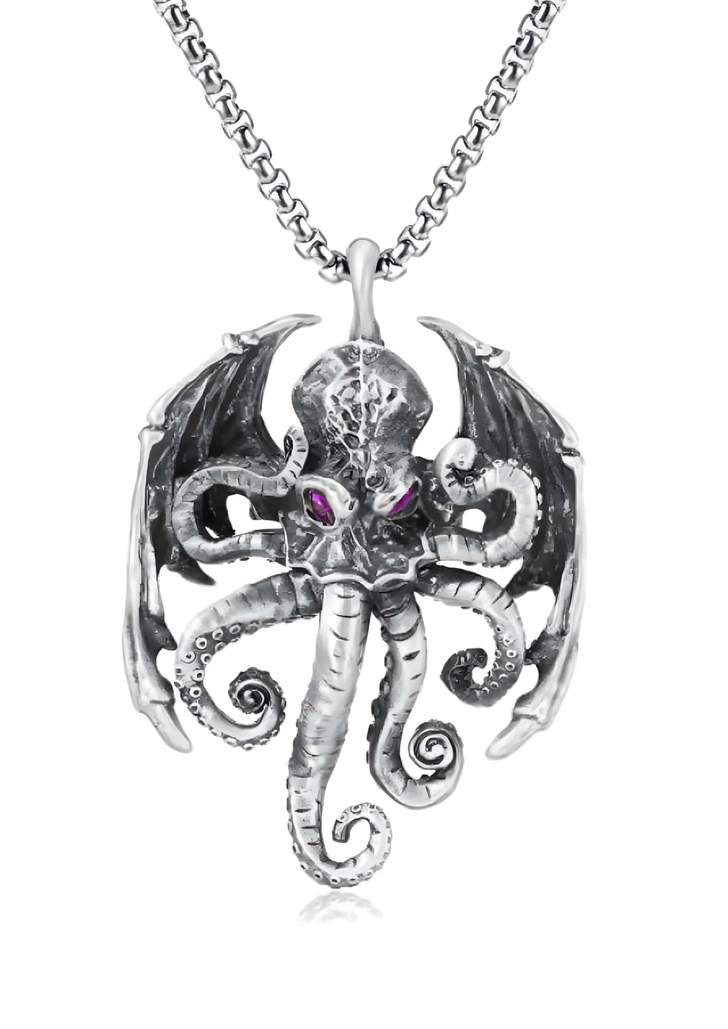 Silberne cthulhu halskette aus edelstahl mit violetten augen und filigranem oktopusanhänger