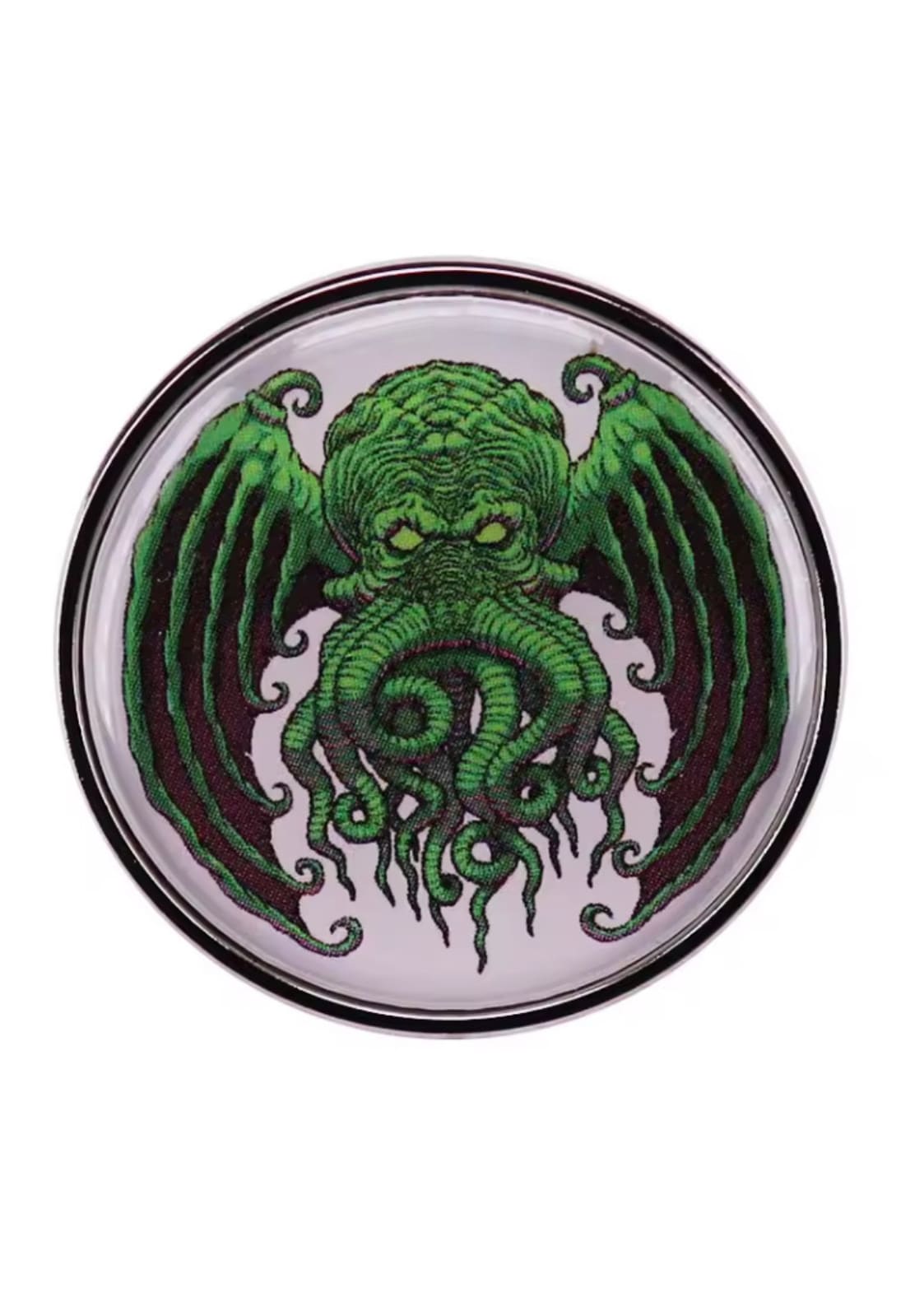 Runder Cthulhu-Pin mit grünem, tentakelbesetztem Gothic-Design