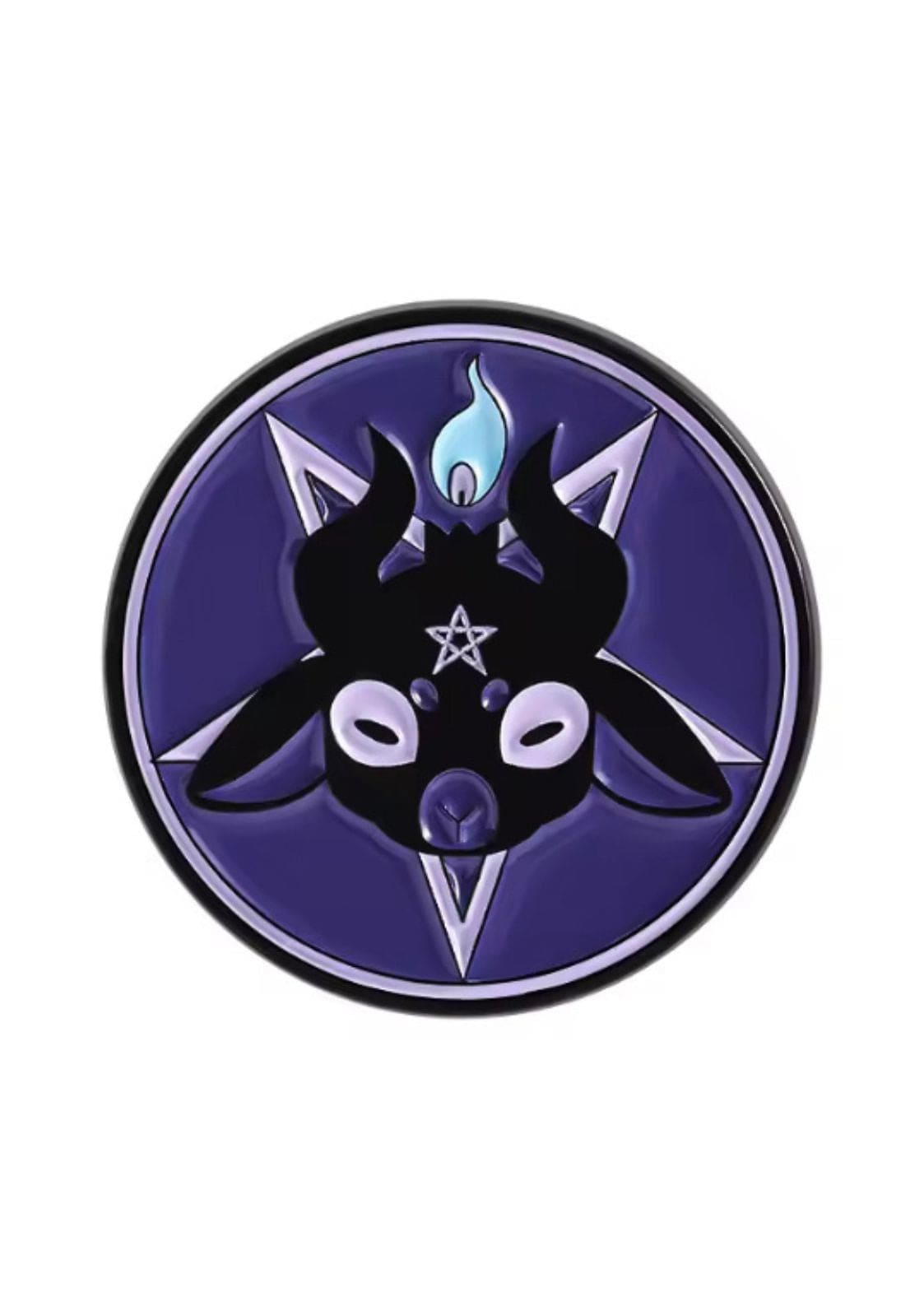 Lila Pentagramm-Anstecker mit schwarzem Ziegen-Design und Flammenakzent.