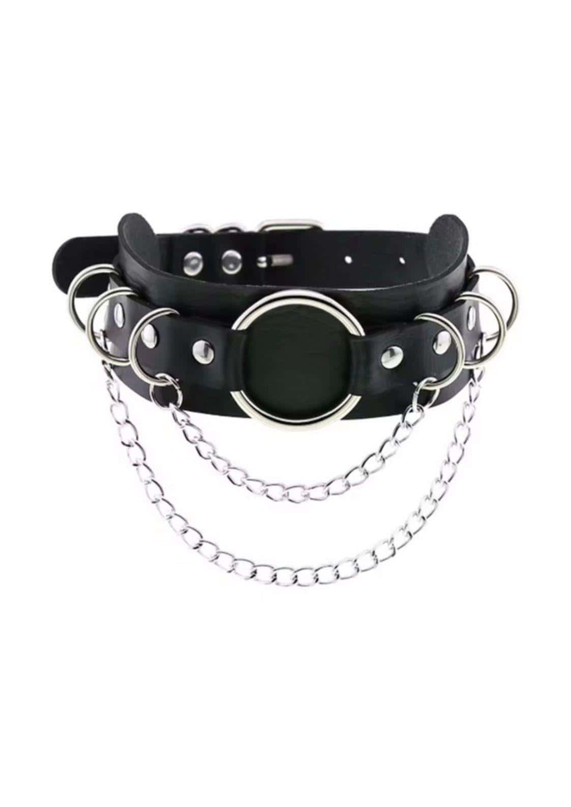 Black faux leather slave choker with silver d rings, chains, and central circular mouthpiece for edgy style