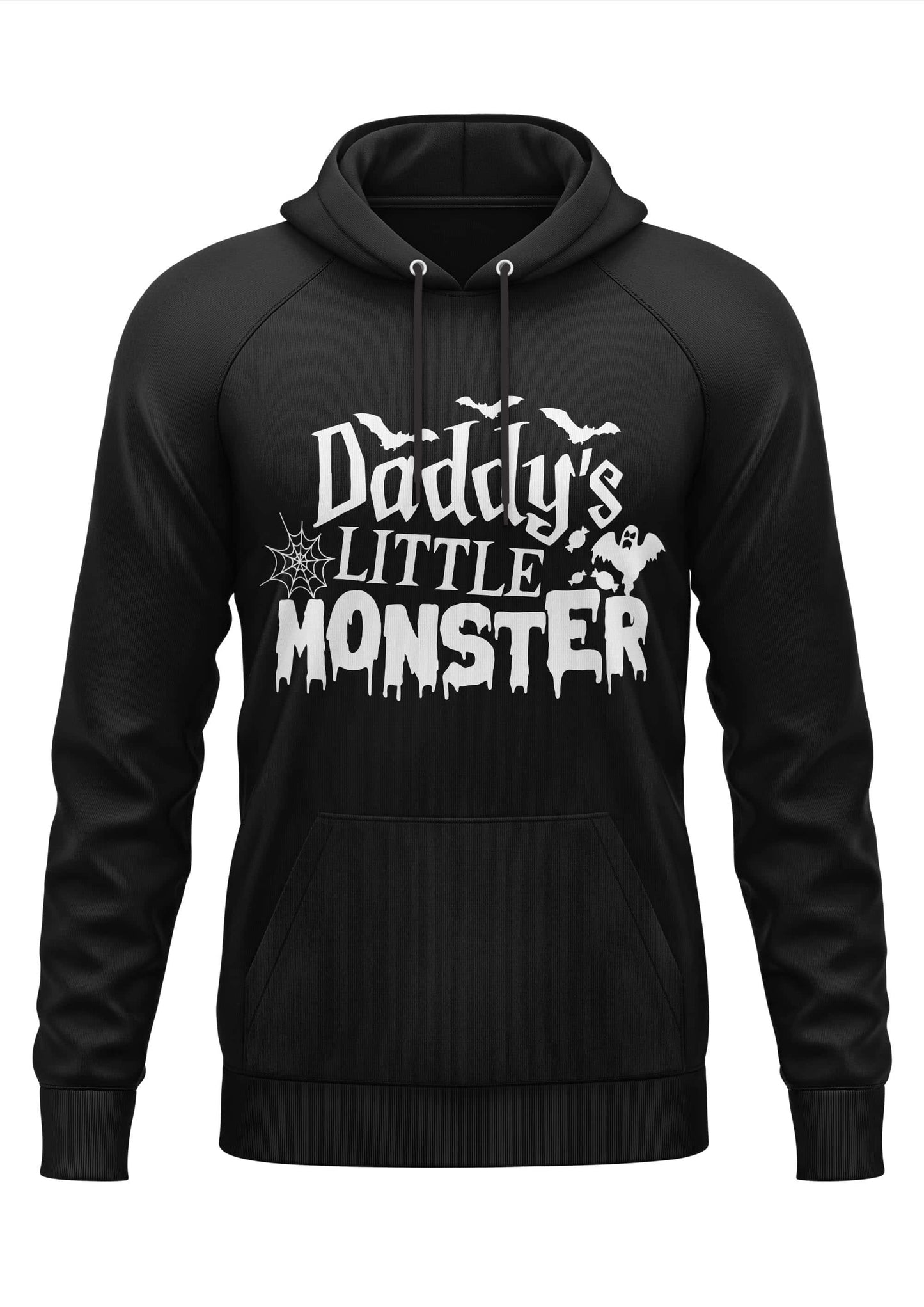 Schwarzer gothic hoodie mit weißem daddy´s little monster print mit fledermäusen spinnenetz und geist