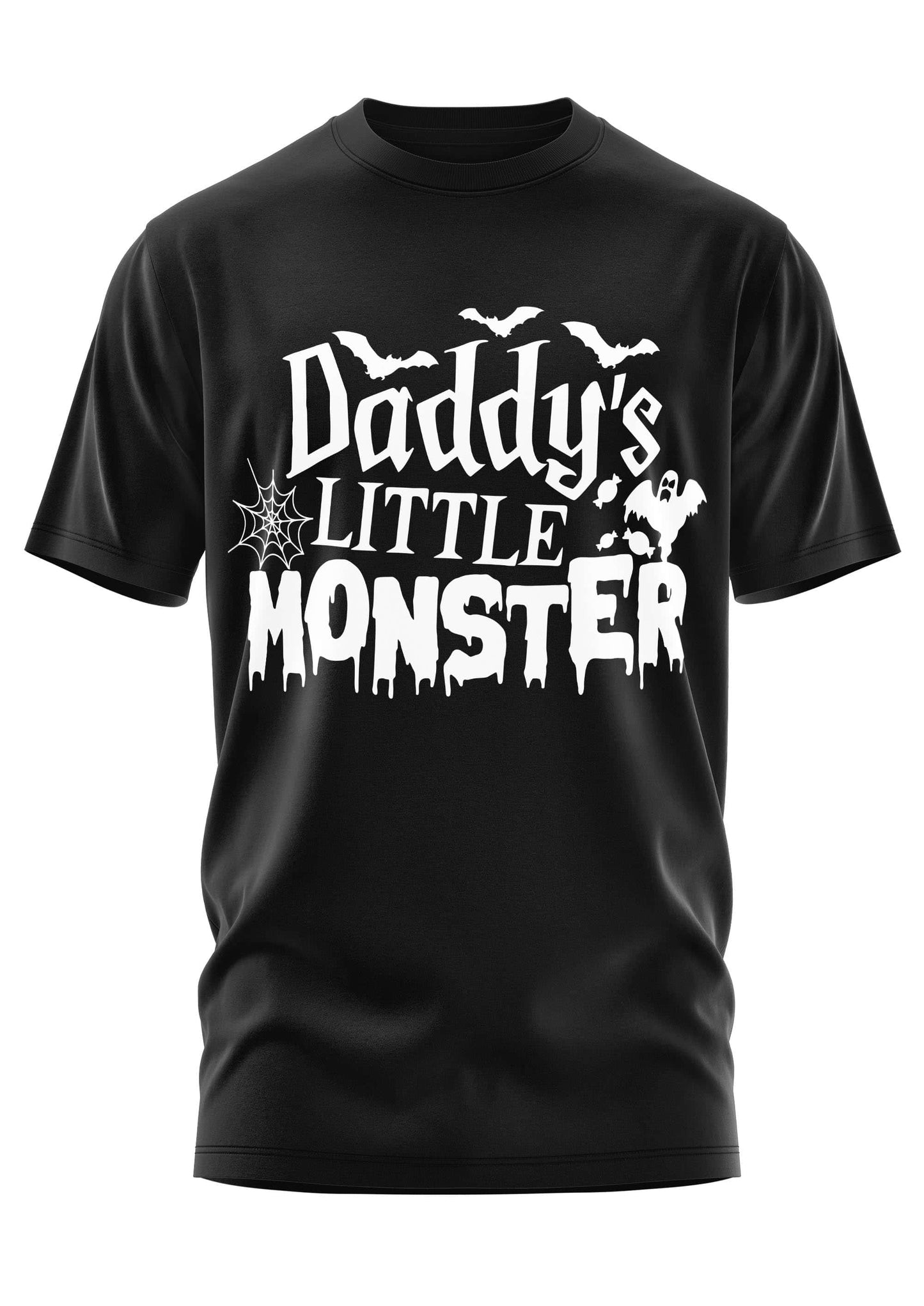 Schwarzes Gothic-Baumwollshirt mit Daddy’s Little Monster Motif, Fledermäusen, Spinngewebe und Geist