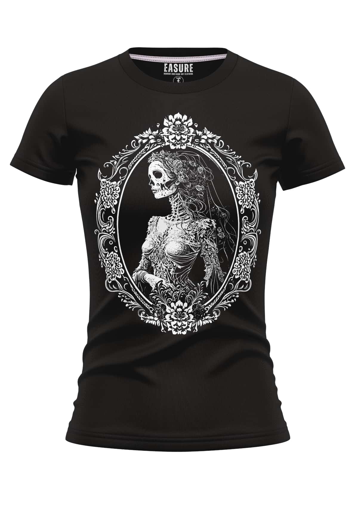 Schwarzes damen t-shirt mit detaillierter weißer grafik einer toten braut im gotischen ovalrahmen für horror fans