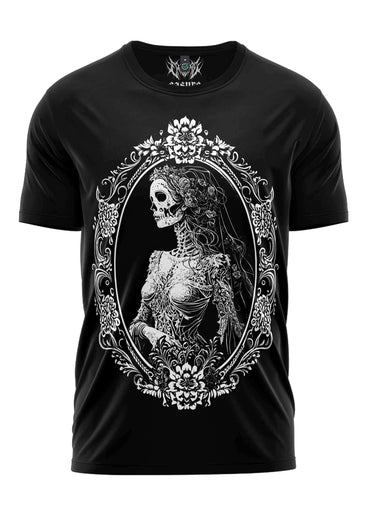 Schwarzes kurzarmshirt mit detaillierter weißer grafik einer skelettbraut in ovalem rahmen für goth und horror fans