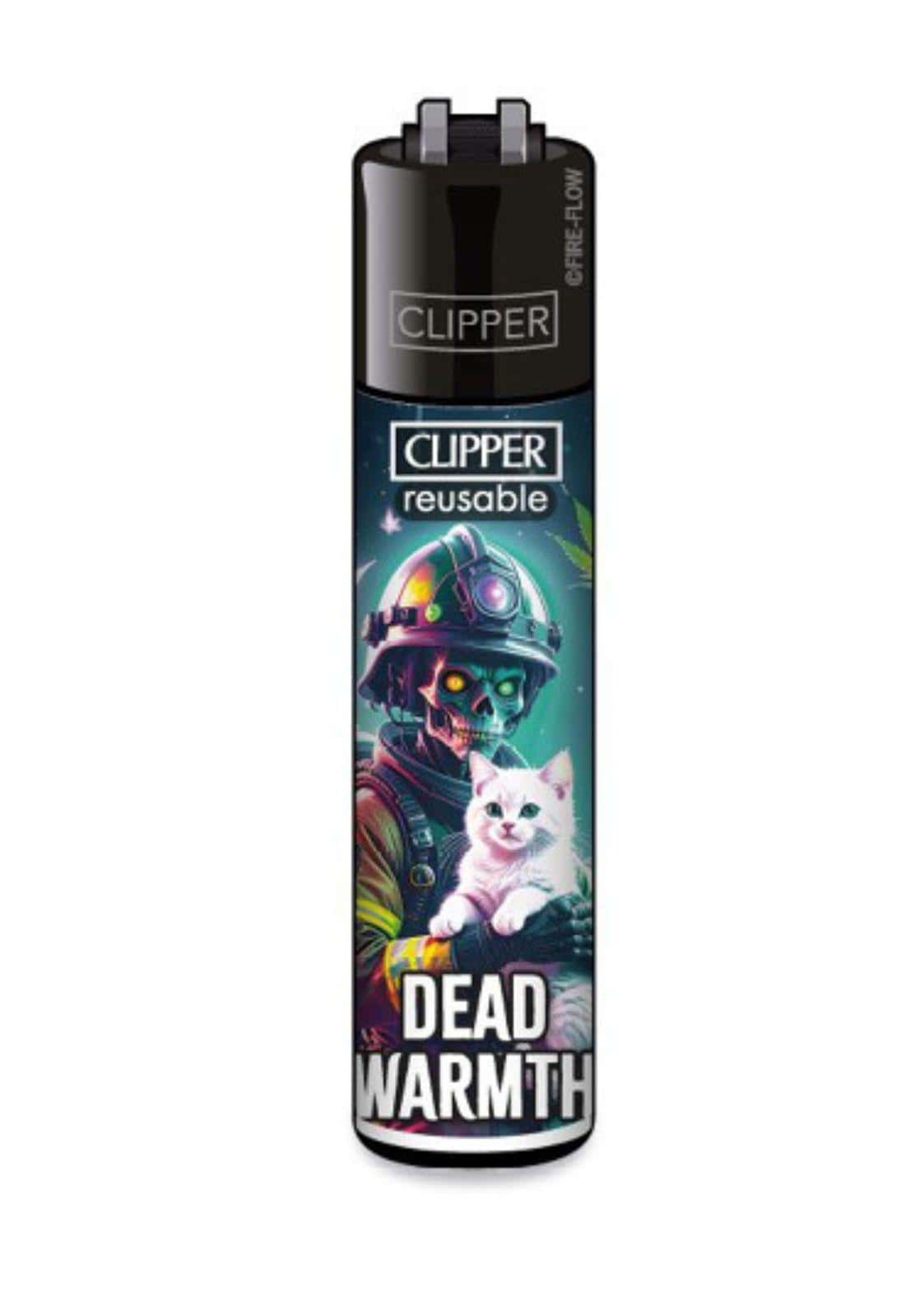 Schwarzes clipper feuerzeug mit totenkopfbergmann und weißer katze grafik dead warmth clipper lighter nachfüllbar